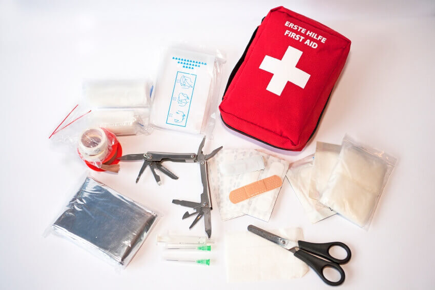 Essential first aid kit for hiking.